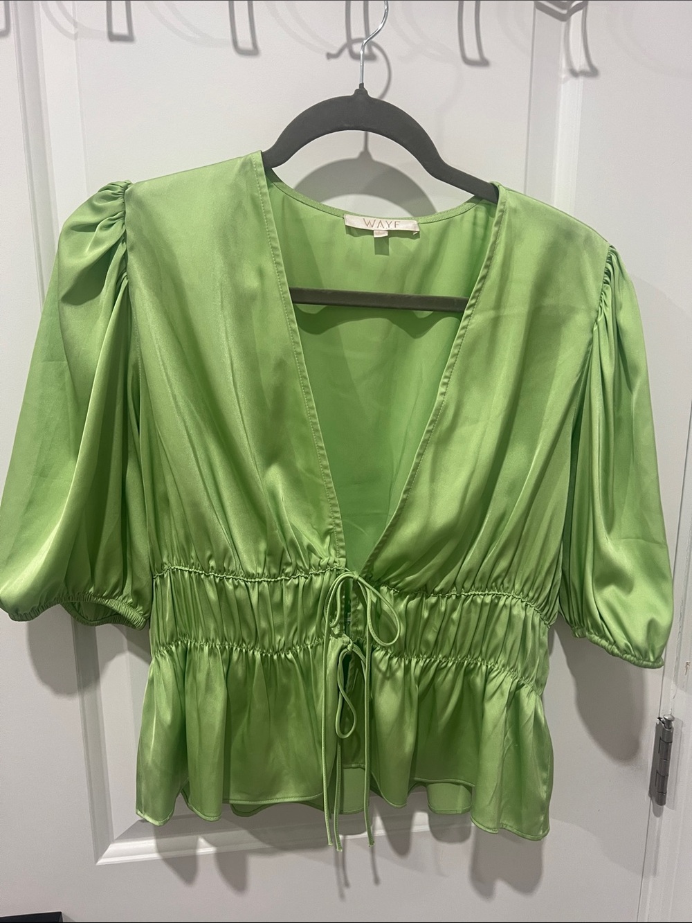 Wayf Satin Lime Green Drawstring Satin Peplum Blouse Size Large